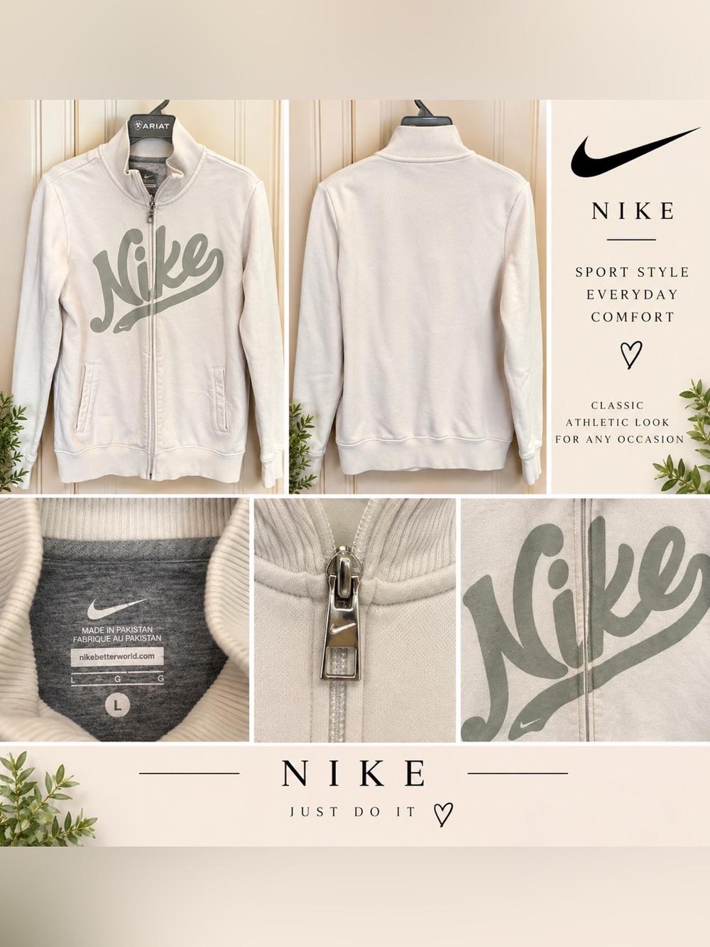 Nike Women’s Size Large Cream Full Zip Track Jacket Gray Logo